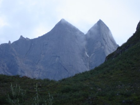 Arrigetch Peaks, Alaska.  Gates of the Arctic National Park.  The two are called "The Maidens"(1700 M), the one in the distant shot is "Elephant's tooth"  (1100 M)